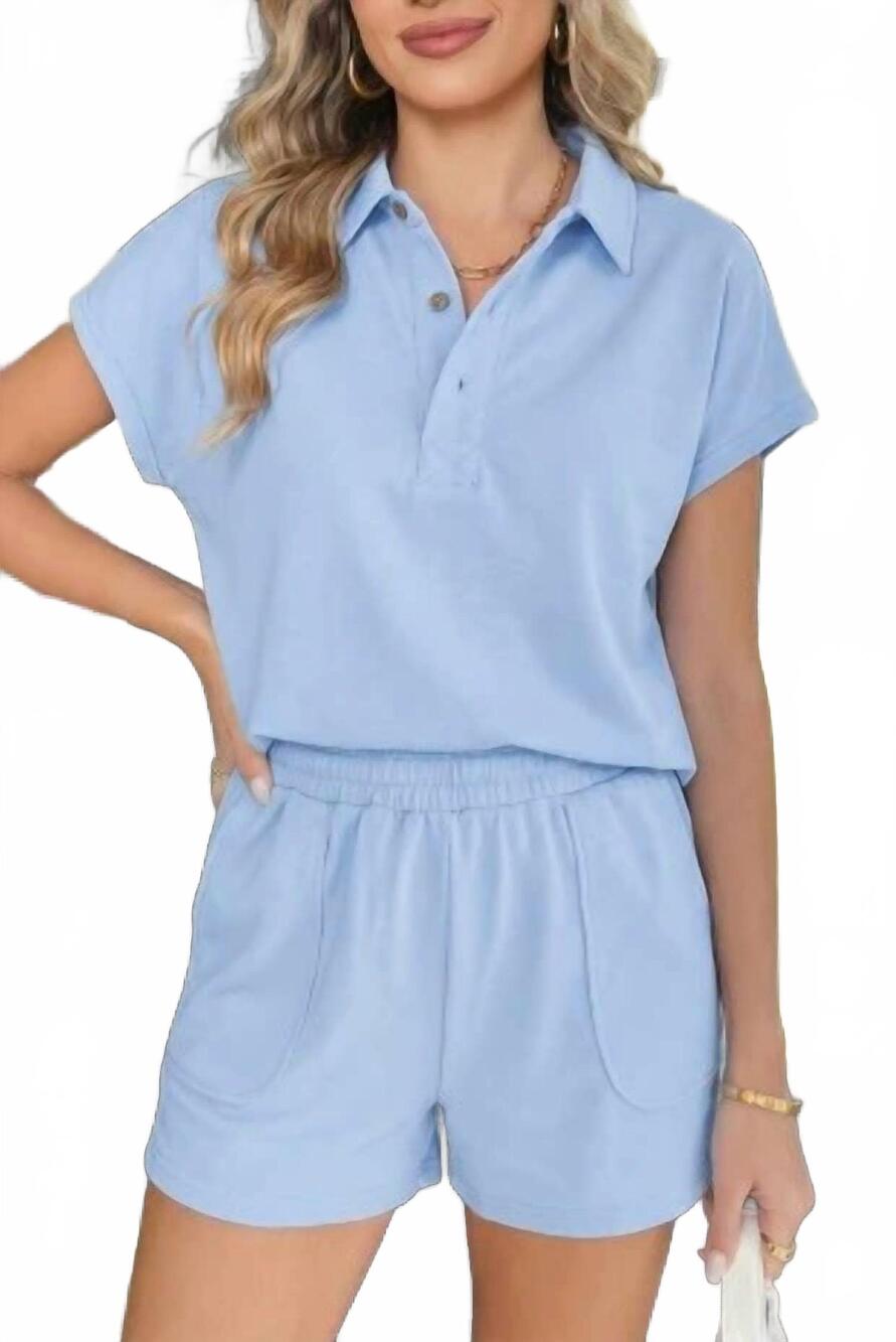 NEW SHEWIN loose polo tee elastic waist short set in blue